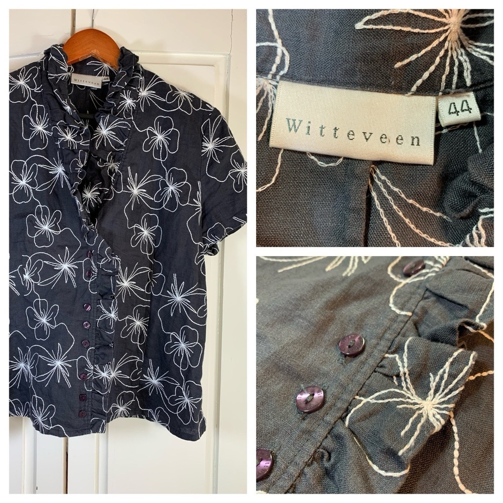 Witteveen Linen Blouse‎ Shirt Embroidered Floral Ruffle Womens 44 Large Floral
